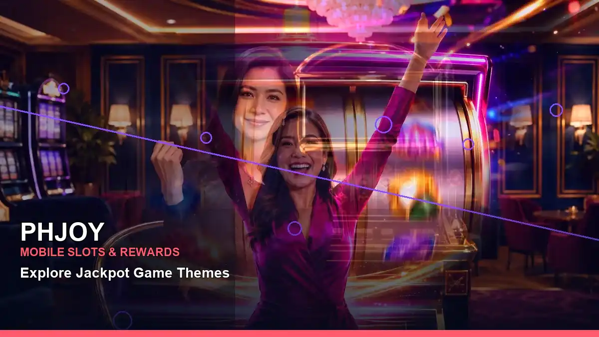 PHJOY free-spin slot game information with an adult Filipina host shown in a close-up composition