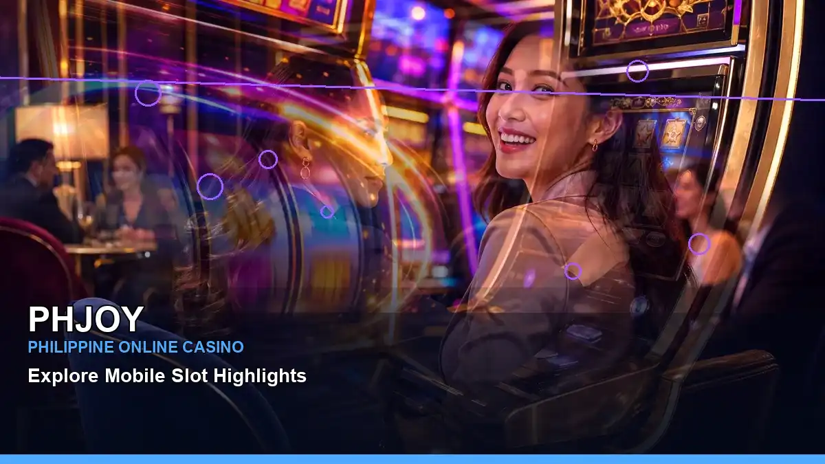 PHJOY fantasy slot guide artwork featuring an adult Filipina casino host in a layered composition