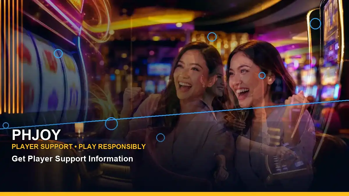 PHJOY mobile gaming guide featuring an adult Filipina host and a panoramic reel-style composition
